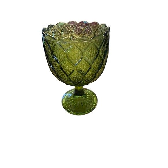 Indiana Glass Olive Green Diamond Pattern Pedestal Goblet Scalloped Edge Regent - Picture 8 of 9